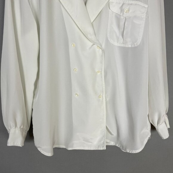 Vintage 80s Blouse Double Breasted Women White Button-Up‎ Long Sleeve Office Top - Picture 4 of 12